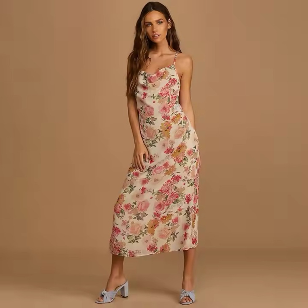 Sweet and Sexy Floral Cowl Neck Silk Slip Dress